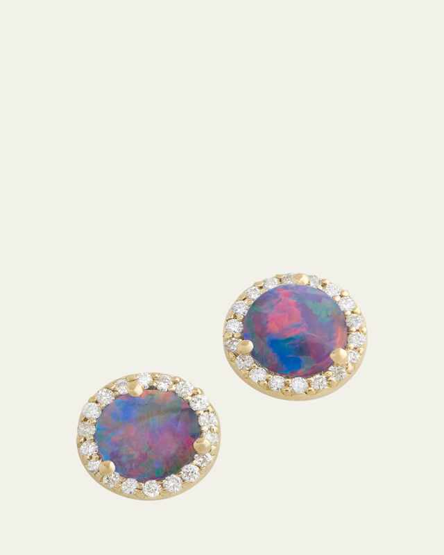 18K Yellow Gold Opal Stud Earrings with Blackened Diamond Edge